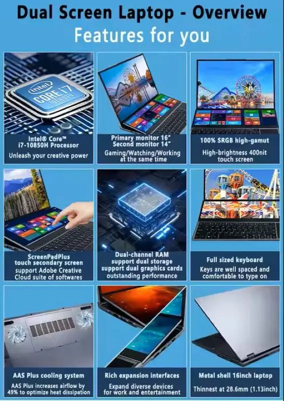 Dual Screen Gaming Laptop 16" IPS + 14'' Touch Intel Core I9 - 10885H Max 64GB 4TB SSD Slim Notebook Windows 11 English US/UK 16 GB Dual Screen Gaming Laptop 16" IPS + 14'' Touch Intel Core I9 - 10885H Max 64GB 4TB SSD Slim Notebook Windows 11 English US/UK - shop_name