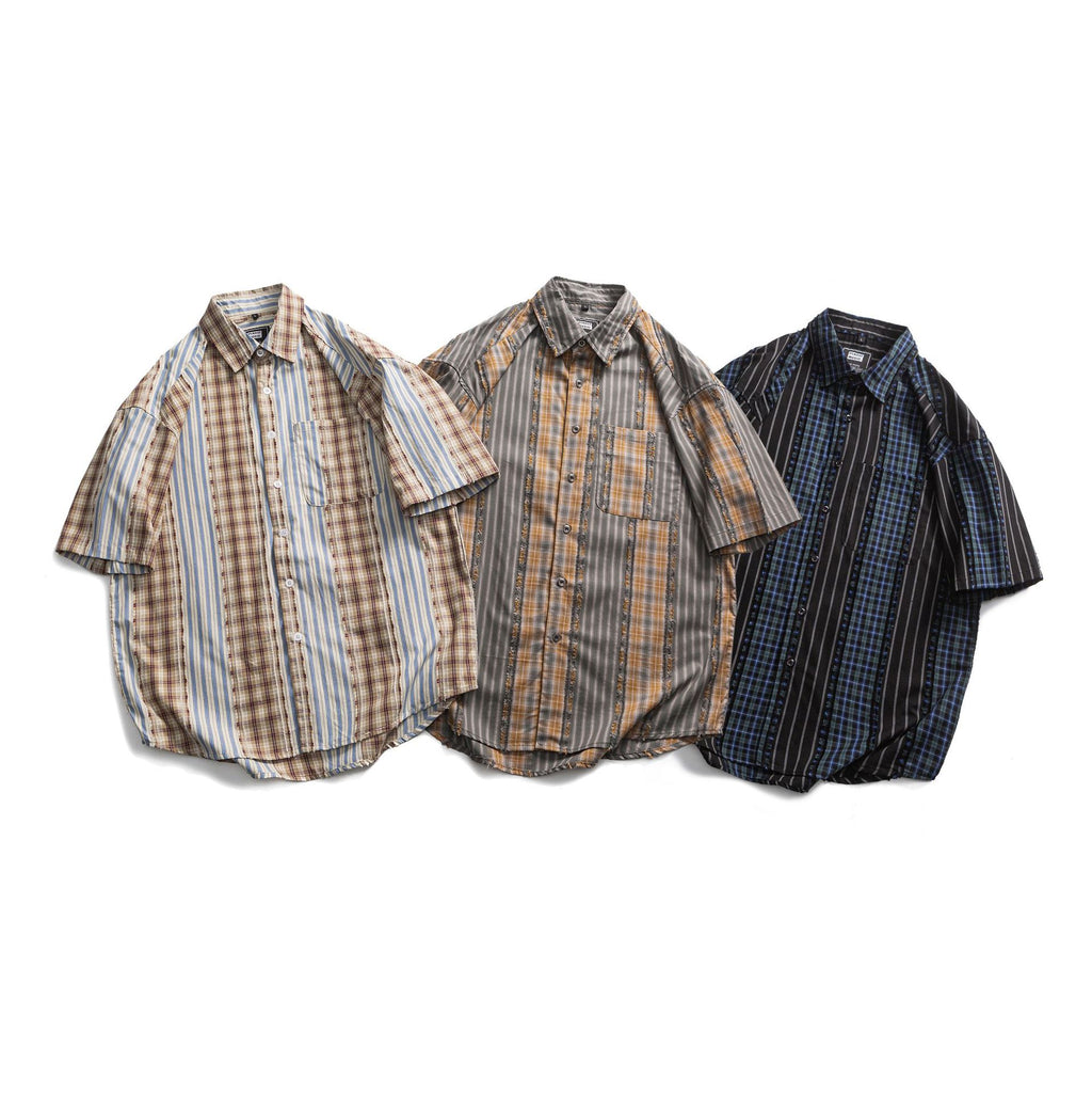 Striped Plaid Colorblock Frayed Short-sleeved Shirt
