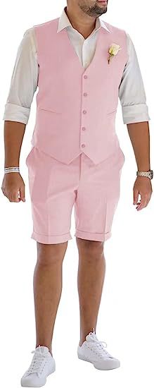 Men's Linen Suit 2 Piece Set Beach Wedding Shorts And Vest Suit