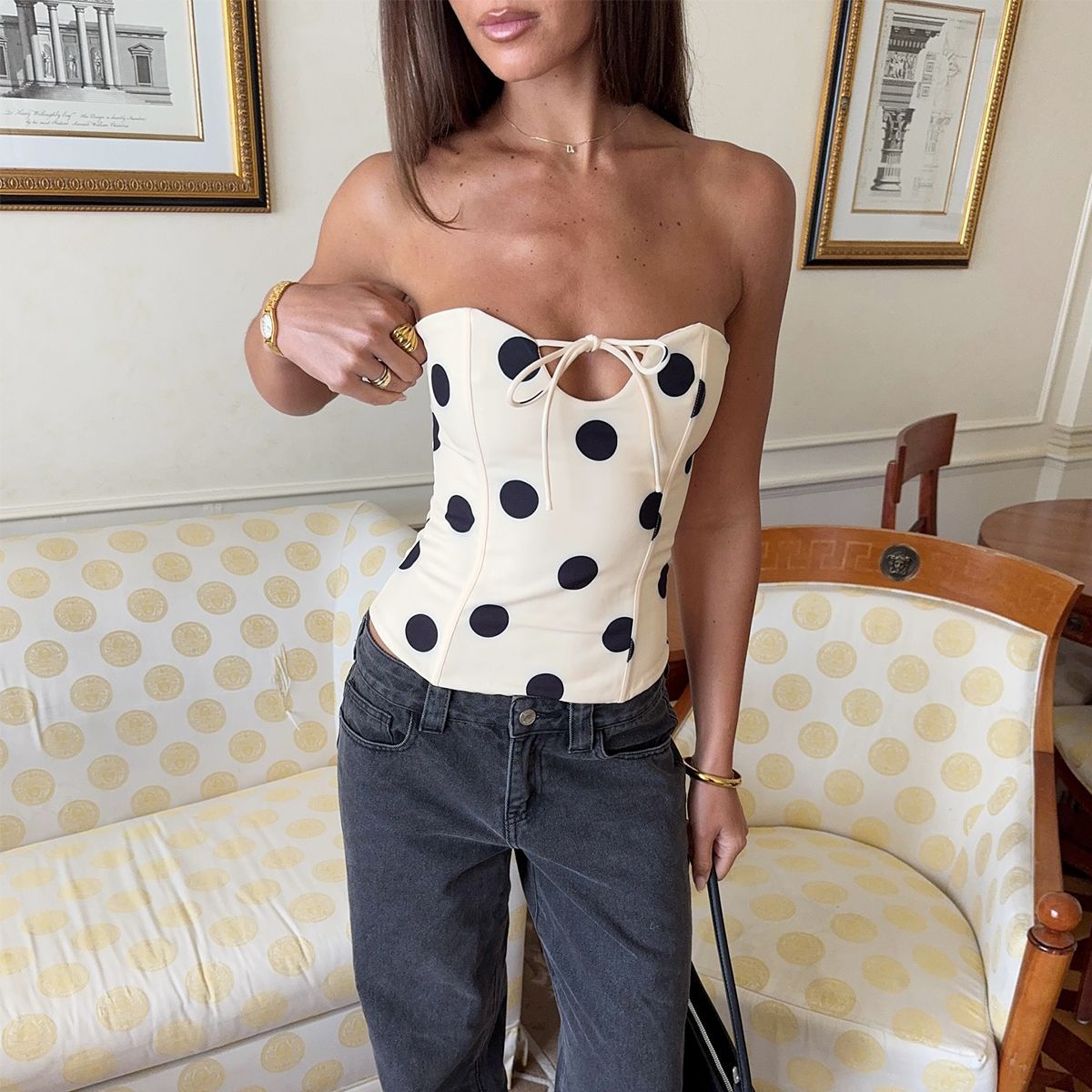 Chest Wrap Polka Dot Design Form Fitting Cropped Base Layer Tank Top