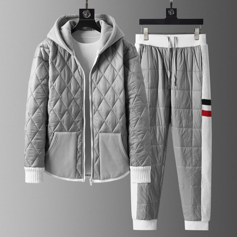 Alt Tag: Winter Hooded Cardigan And Padded Cotton Jacket TwoPiece Set gray quilted hooded jacket and padded jogger pants for men