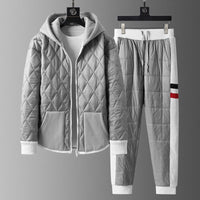 Alt Tag: Winter Hooded Cardigan And Padded Cotton Jacket TwoPiece Set gray quilted hooded jacket and padded jogger pants for men