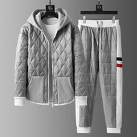 Alt Tag: Winter Hooded Cardigan And Padded Cotton Jacket TwoPiece Set gray quilted hooded jacket and jogger pants for men, warm casual stylish men's clothing