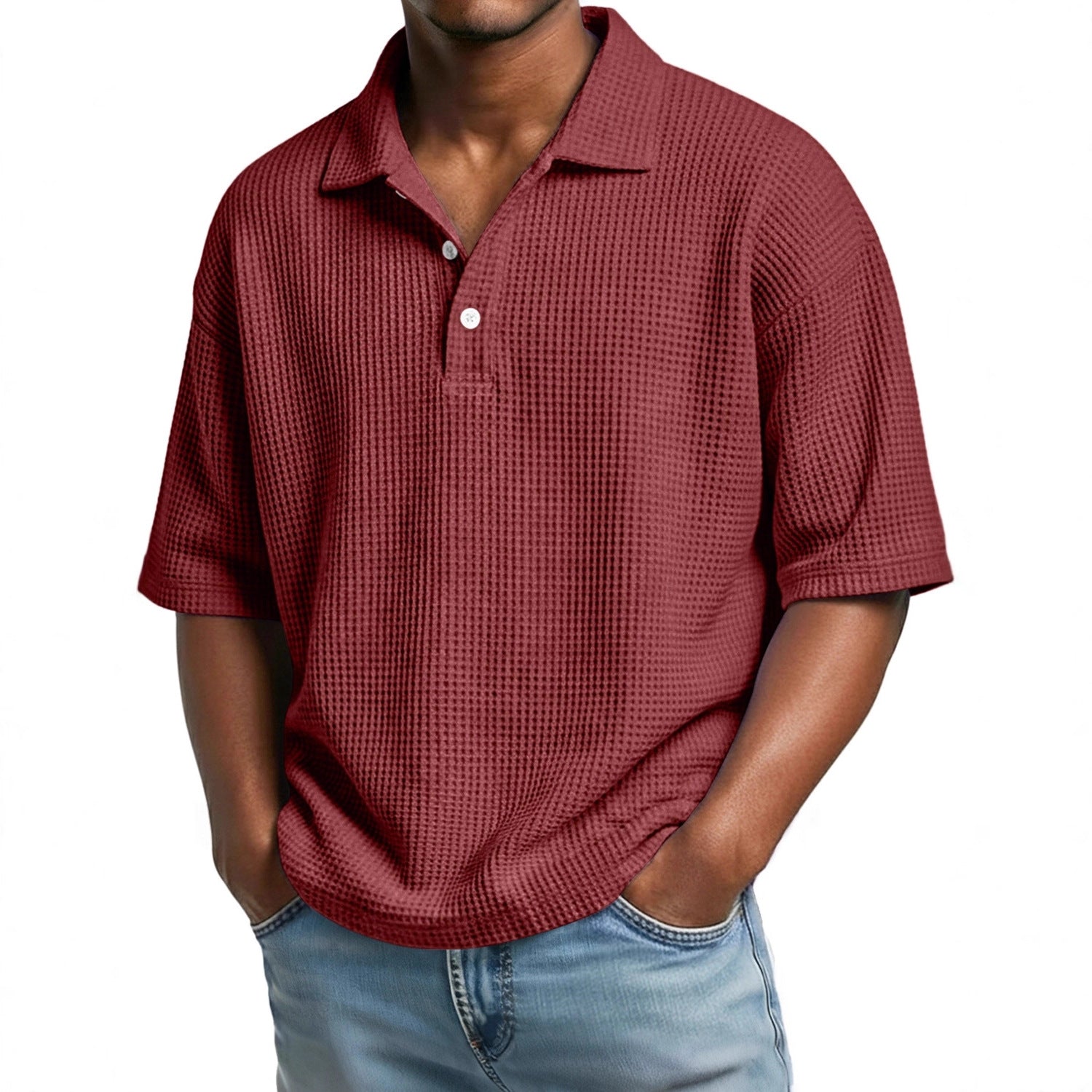 Mens Minimalist Basic Waffle-knit Button-up Collar Top