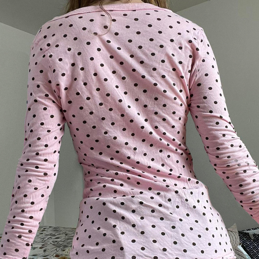 Polka-dot Print Deep V-neck Pure And Alluring Long-sleeve Design