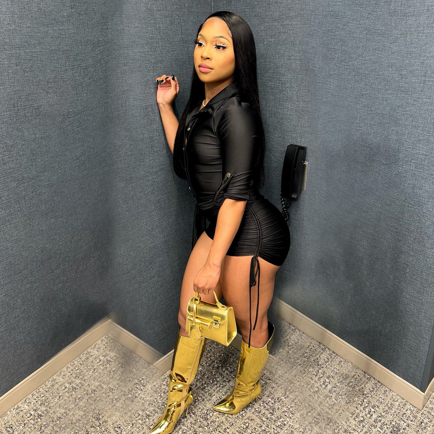 Womens Sexy Solid-Color Long-Sleeve Ruched Jumpsuit