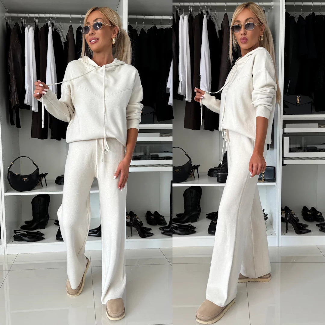 Women's Solid Color Hooded Long Sleeved Sweatshirt Wide Leg Pants Set null