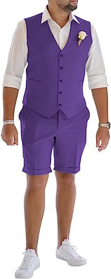 Men's Linen Suit 2 Piece Set Beach Wedding Shorts And Vest Suit