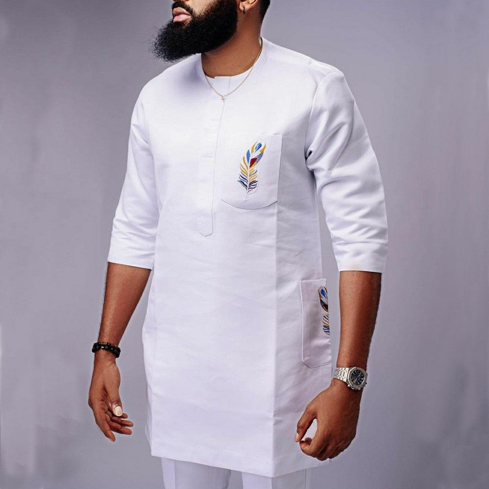 Embroidered Short Sleeve Loose Men's Suit