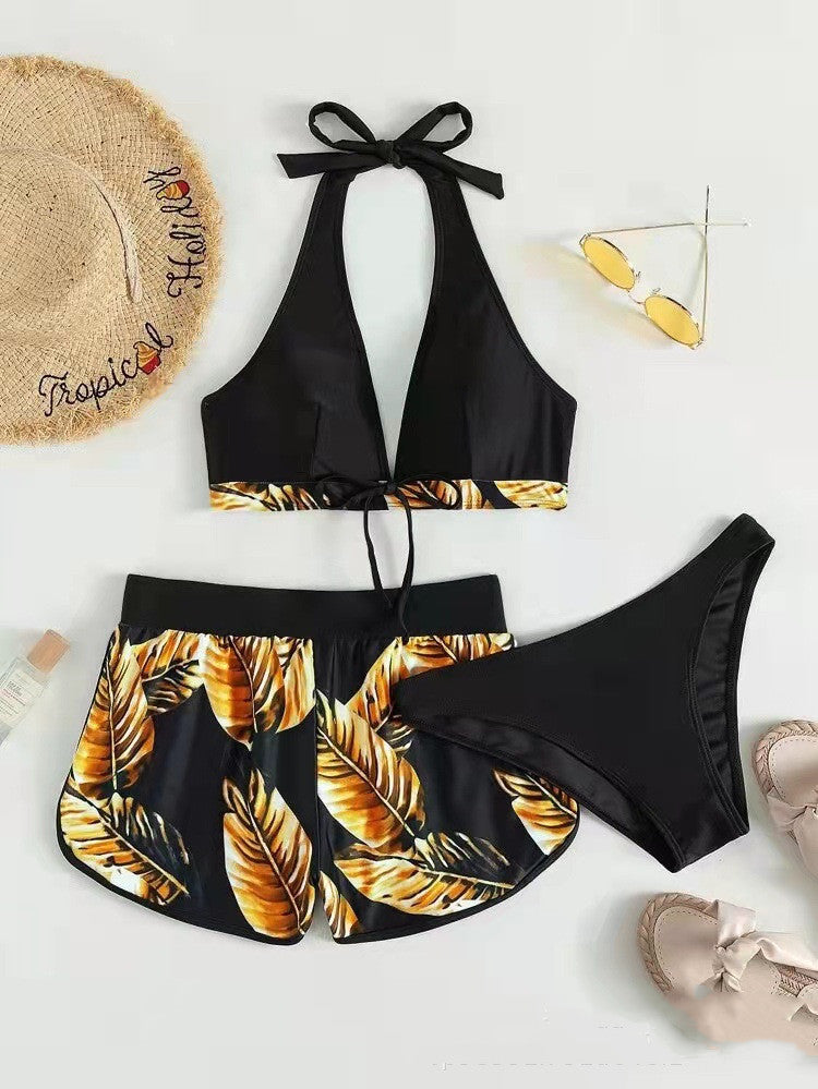 3pcs Leaf Print Bikini With Shorts Fashion Summer Beach Swimsuit Womens Clothing.