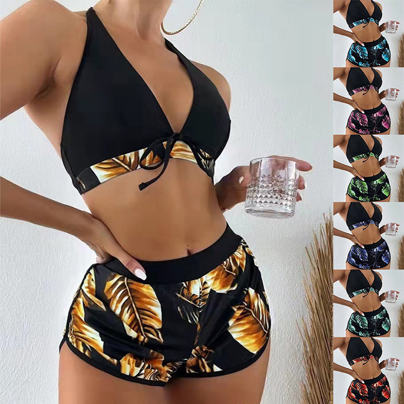 3pcs Leaf Print Bikini With Shorts Fashion Summer Beach Swimsuit Womens Clothing.