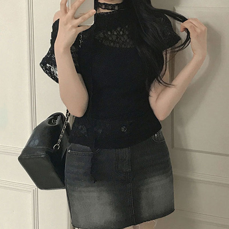 Lace Slimming Hollow-out Short-sleeve Off-shoulder T-shirt Top