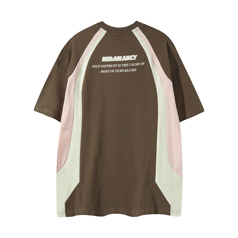 Men's Loose Sports And Leisure Retro Patchwork Contrast Color Short-sleeved T-shirt