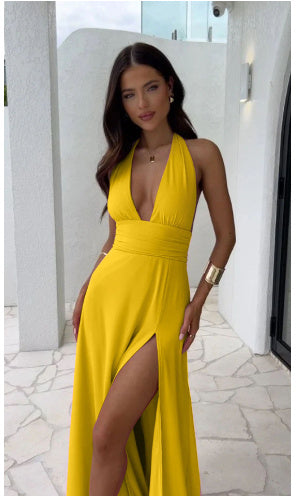 Sexy Halterneck V-neck Slit Dress Summer Backless Strappy Skirt Fashion Temperament Clothing Women.