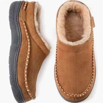 Mens Home Slippers With Non-Slip Warm Fleece-Lined Suede Upper