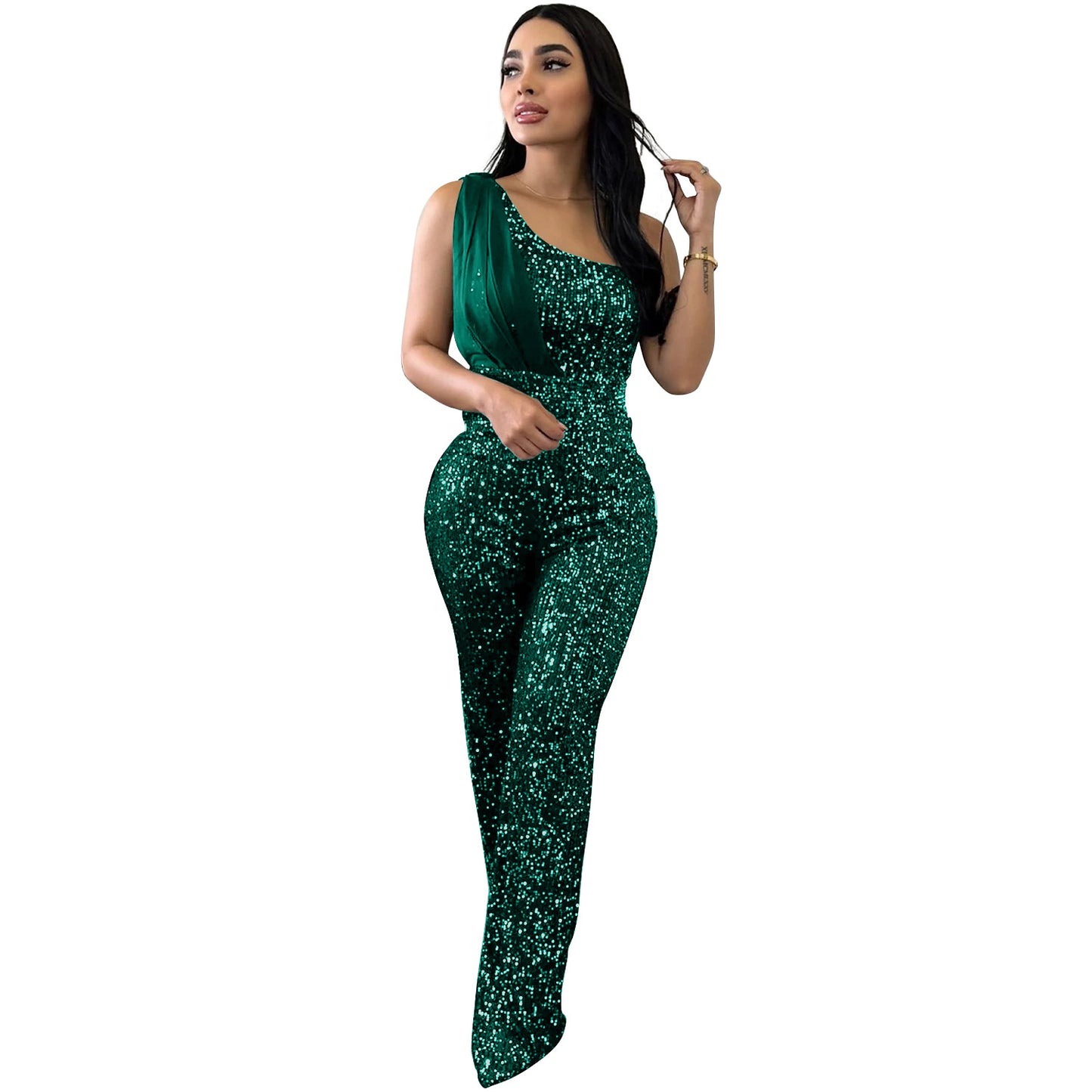 Women's Solid Color Sleeveless One-shoulder Sequined Trousers Jumpsuit