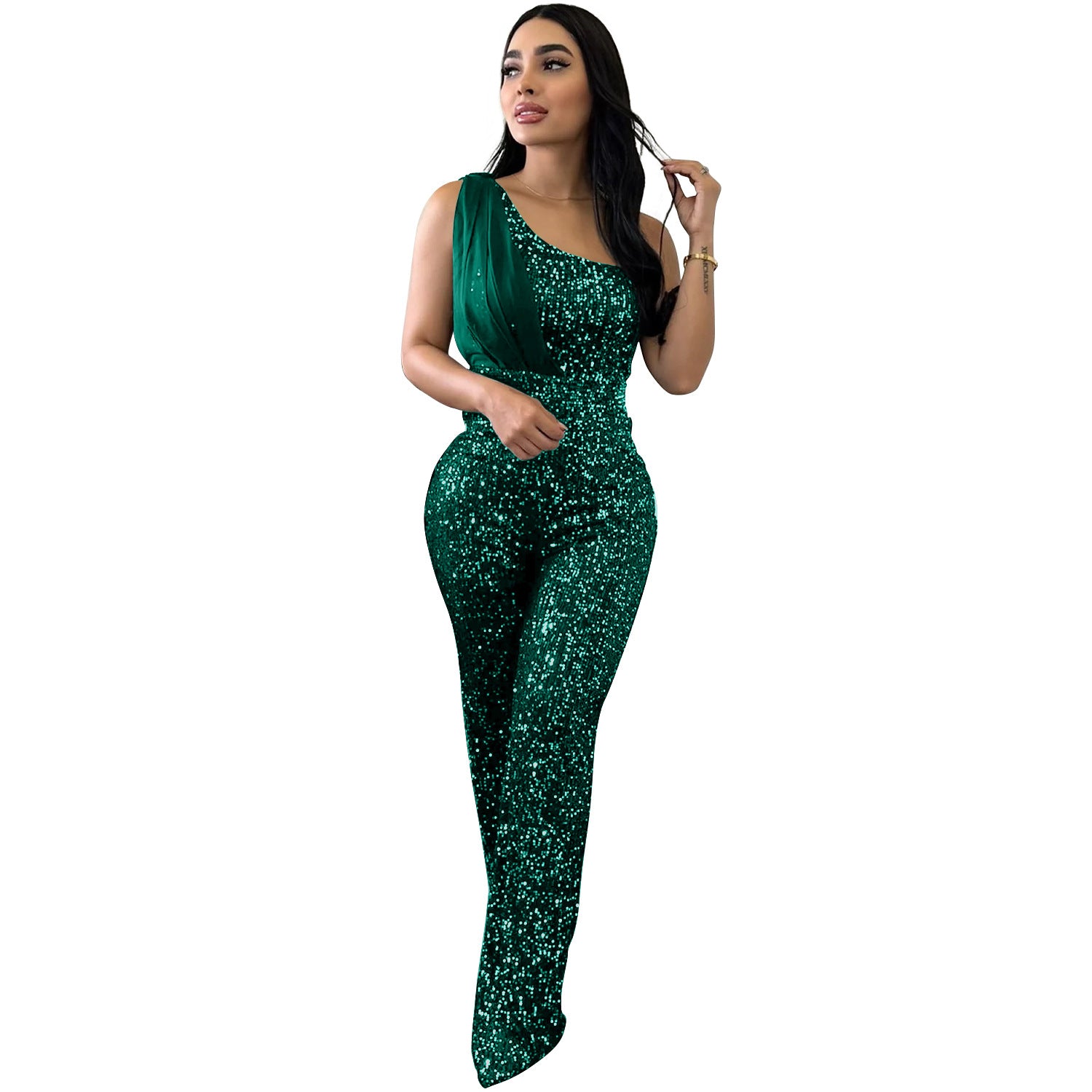 Women's Solid Color Sleeveless One-shoulder Sequined Trousers Jumpsuit