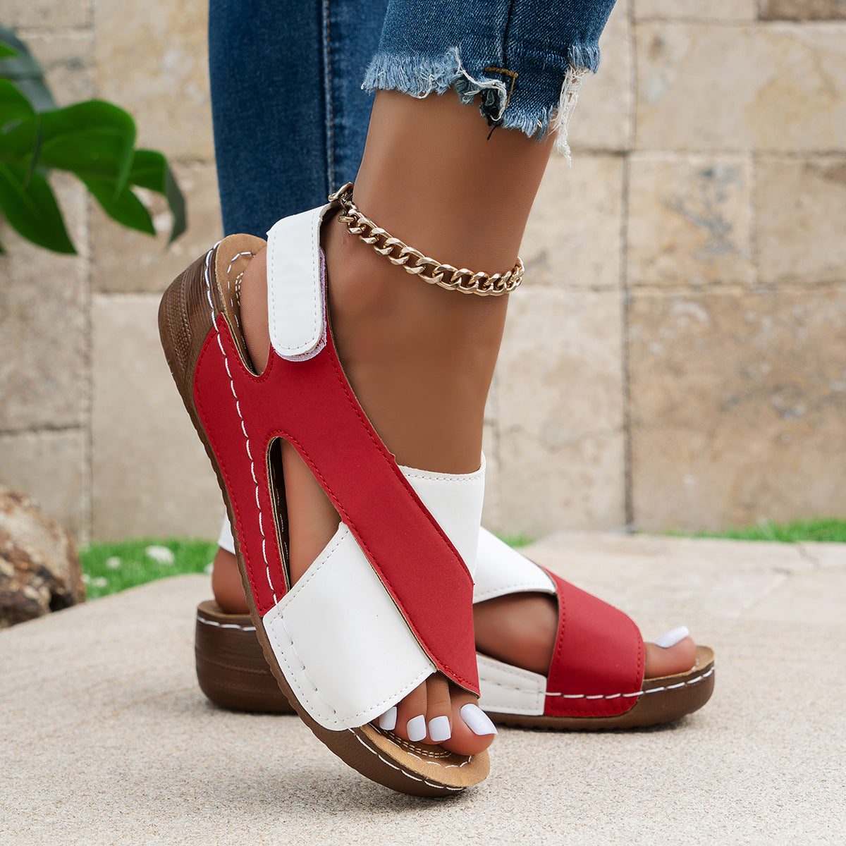 Summer Wedges Sandals With Colorblock Cross-strap Design Casual Thick-soled Roman Shoes For Women null