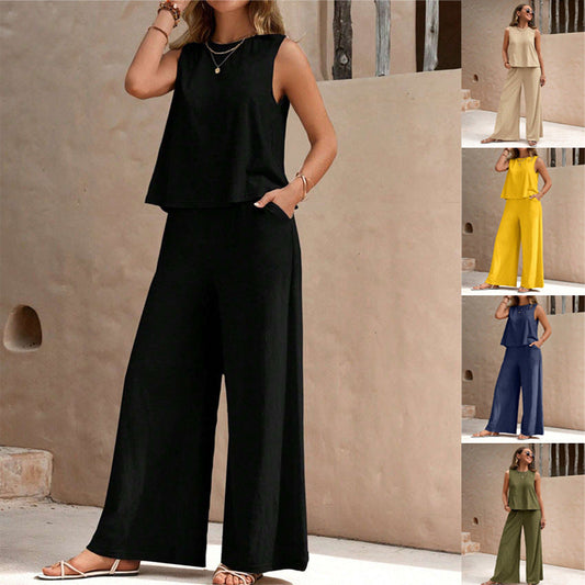 Solid Color Casual Loose Pants Sets For Women Elegant Spring Summer Women's Two Pieces Suit Full Trouser Set Female Outfit Clothes null