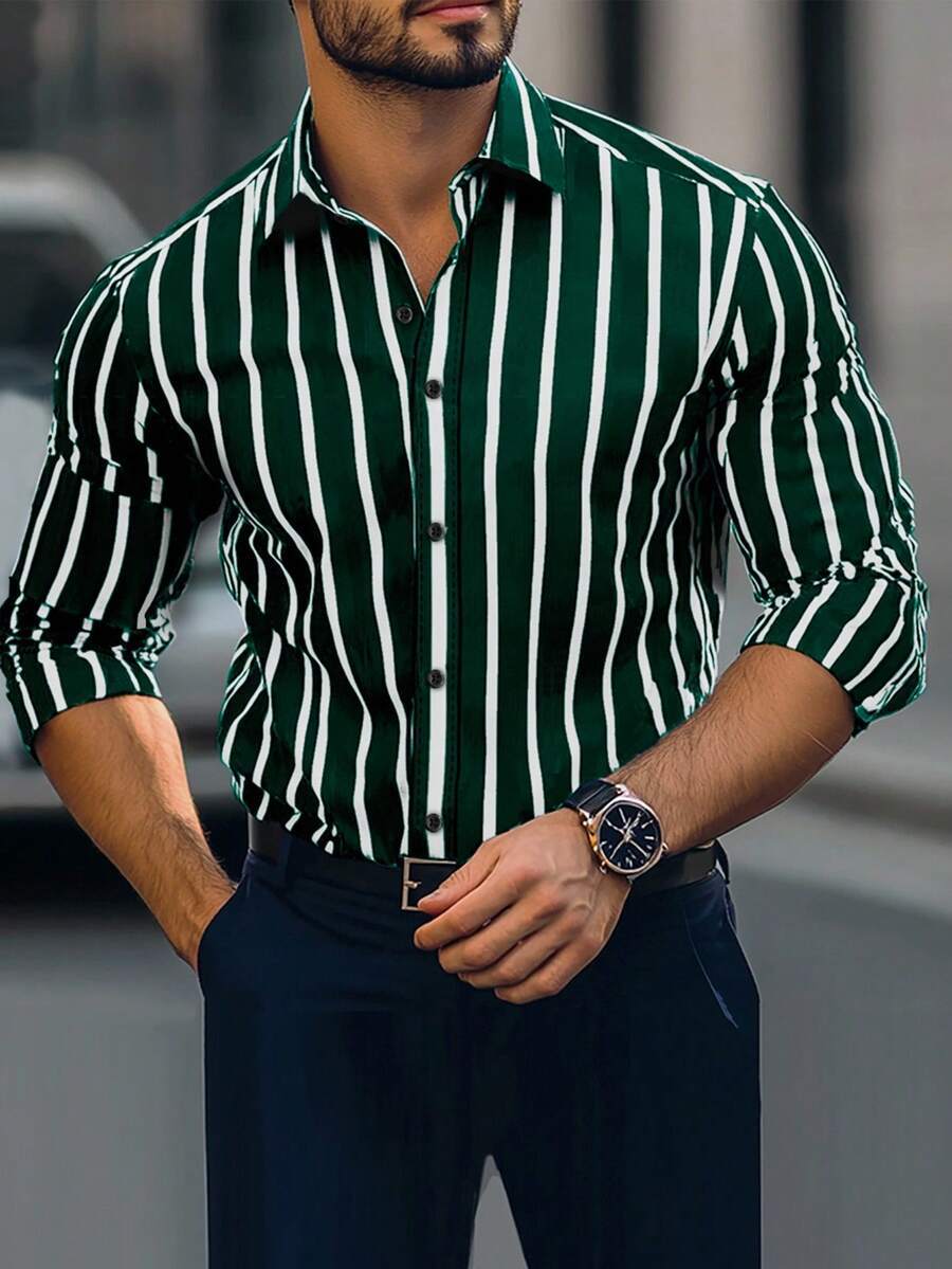 Striped Printed Casual Four-way Stretch Long Sleeve Shirt For Men