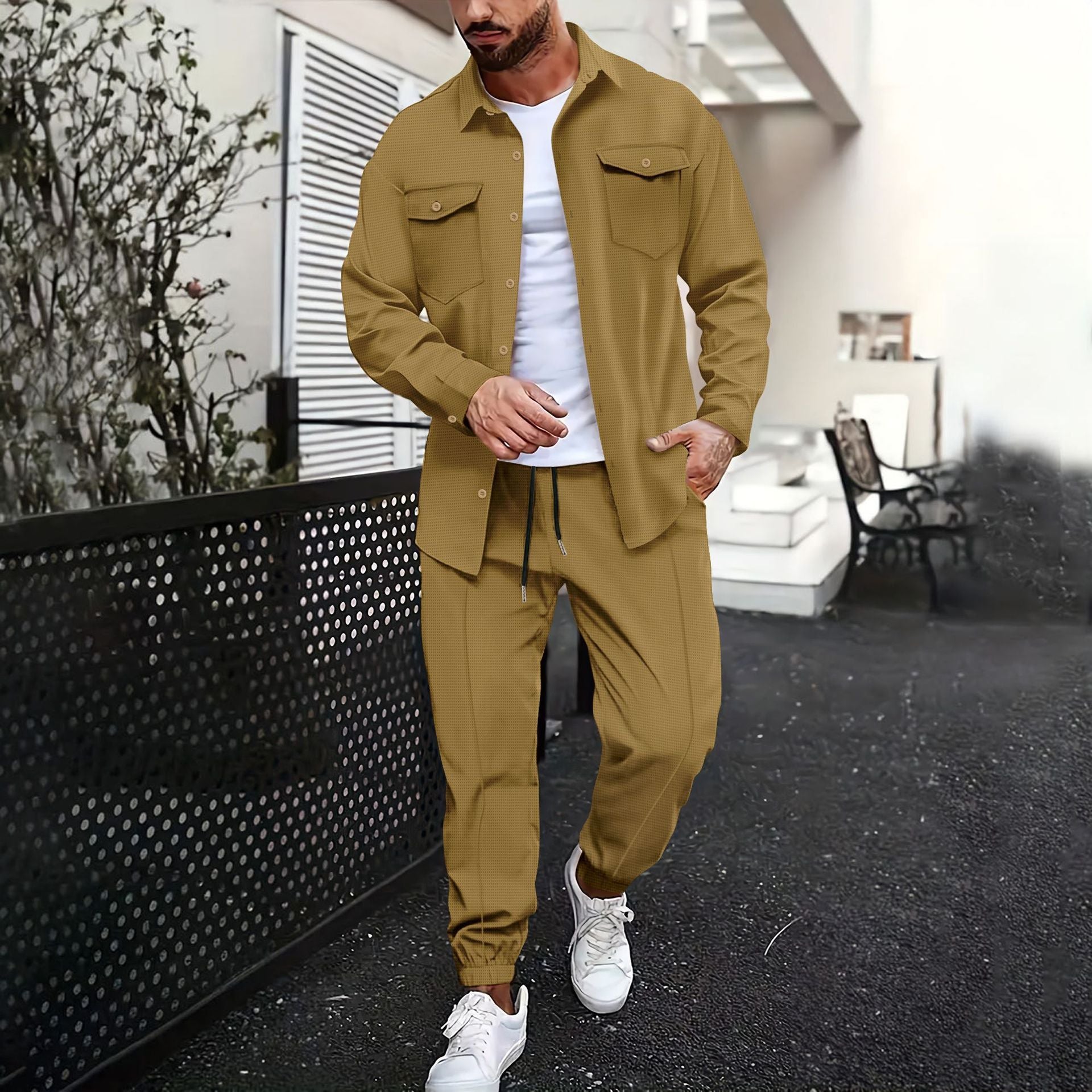 Double Pocket Printed Men's Casual Long Sleeve Shirt Trousers