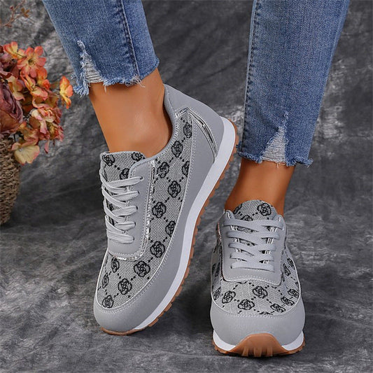 Flower Print Lace-up Sneakers Casual Fashion Lightweight Breathable Walking Running Sports Shoes Women Flats null