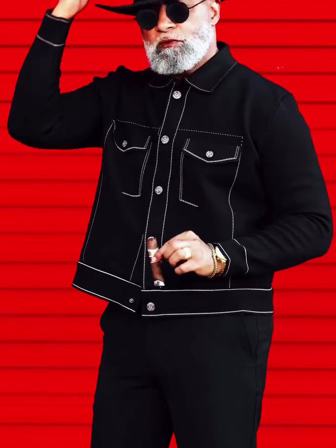 Black Denim Jacket With White Topstitching Detail