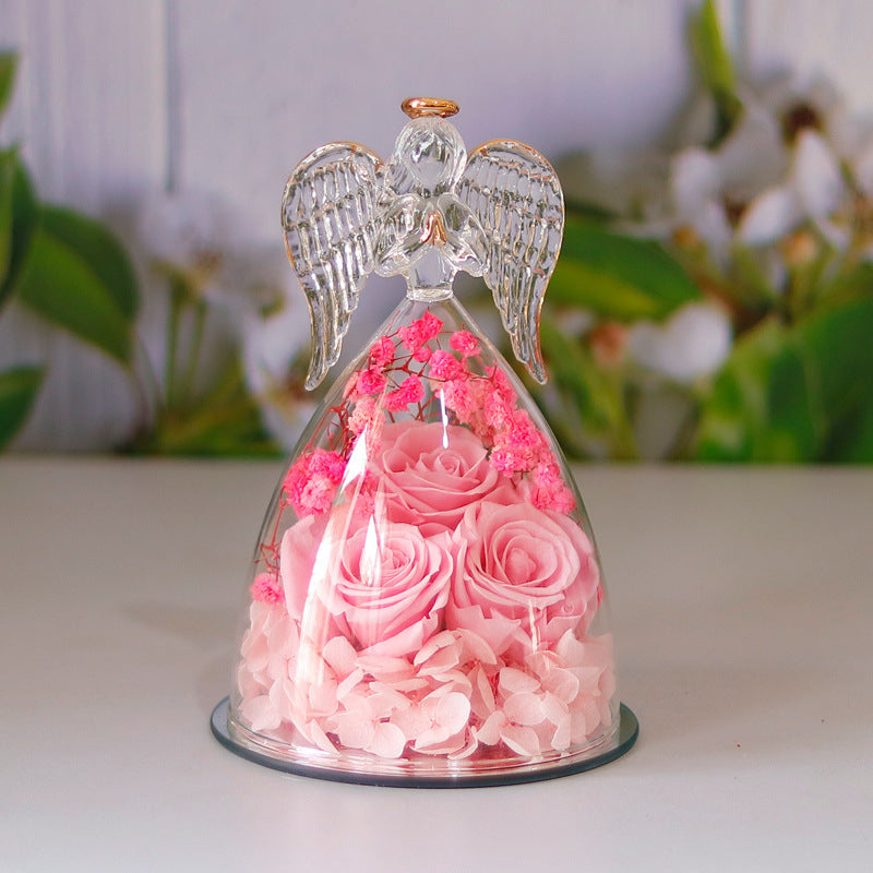 Eternal Flower Gift Box Angel Glass Cover Dried Rose Gift Box For Christmas New Year Valentine's Day Home Decor null