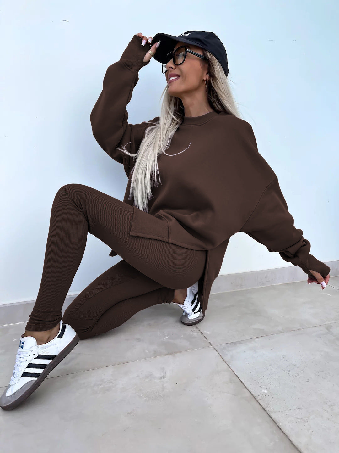 Sweater Suit Women's Casual Loose Long Sleeve Crew Neck Split Top Tight Trousers null