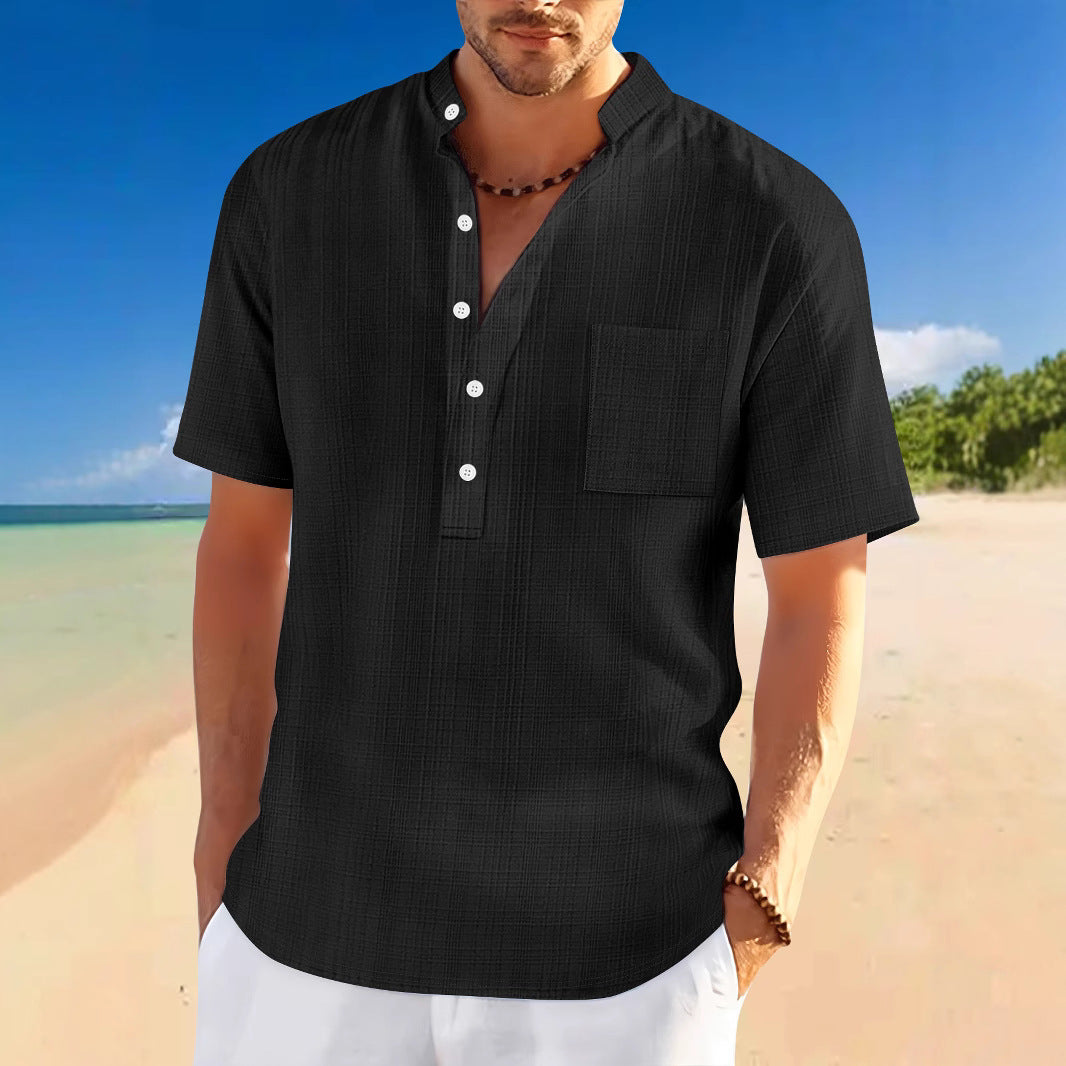 Stand Collar Short Sleeve Loose Leisure Vacation Henley Shirt