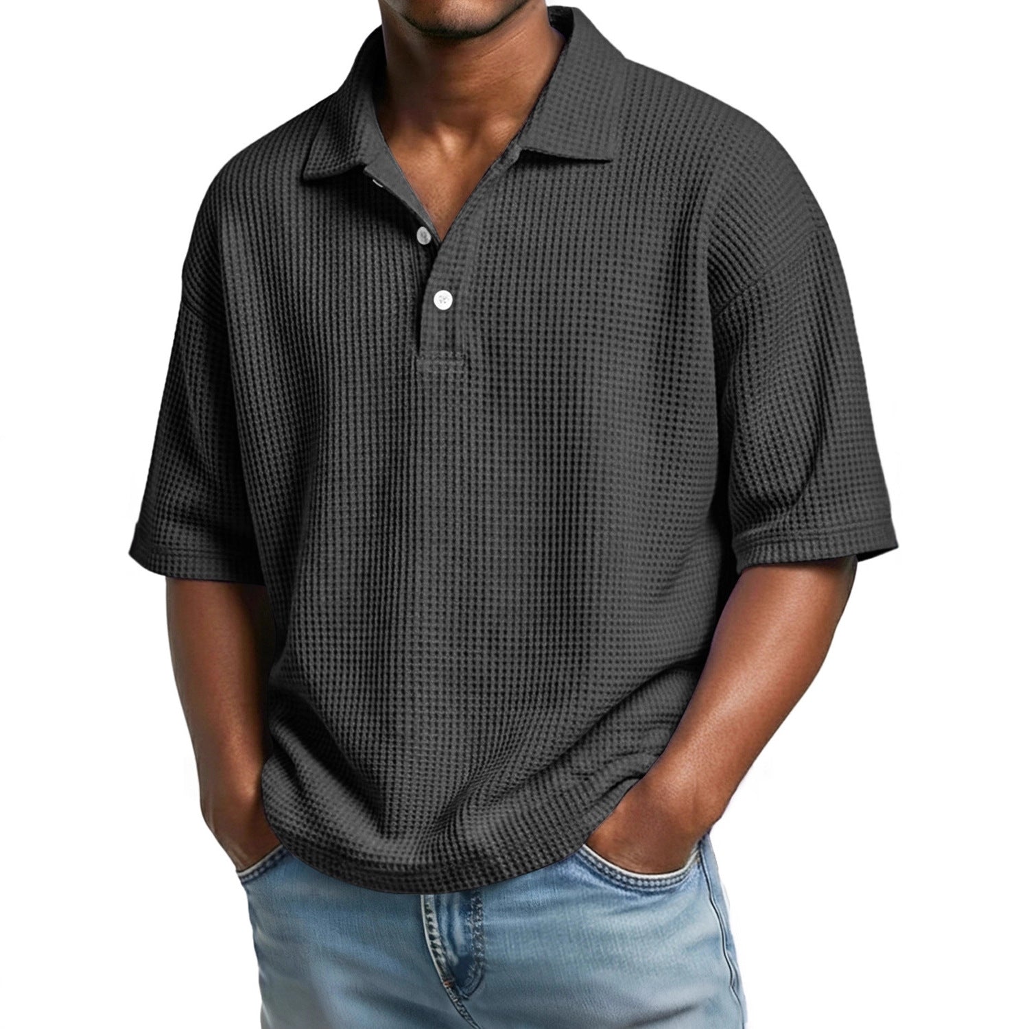 Mens Minimalist Basic Waffle-knit Button-up Collar Top