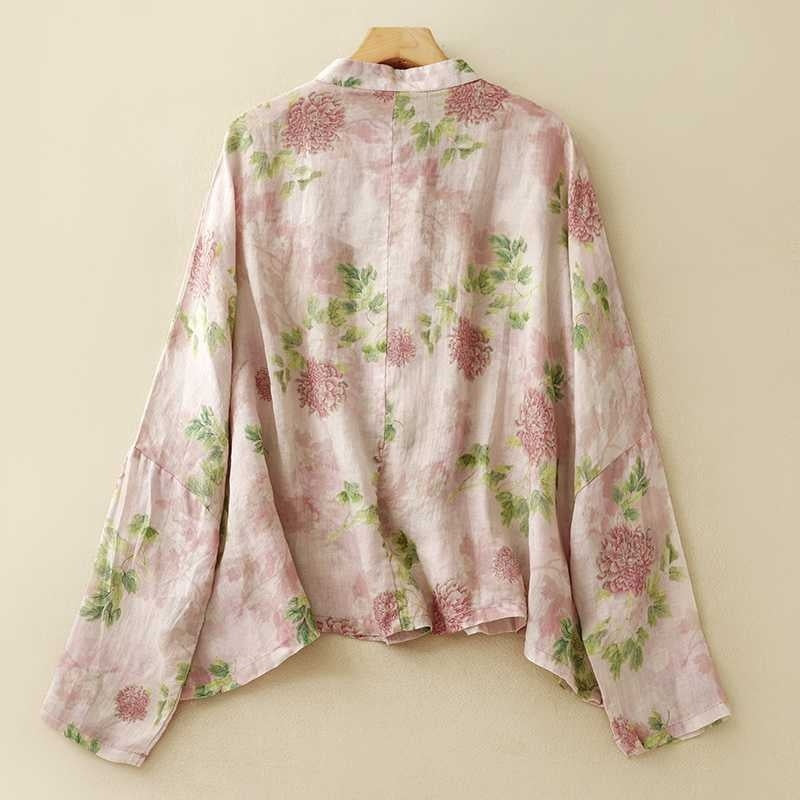 Loose-Fit Plus-Size Sun-Protective Ramie Printed Shirt