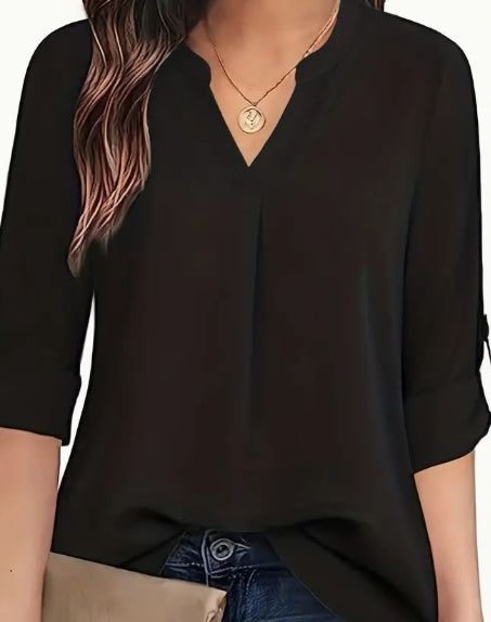 Chic Solid V-Neck Blouse - Fashionable Simplicity For Women - Relaxed Casual Long Sleeve Style null