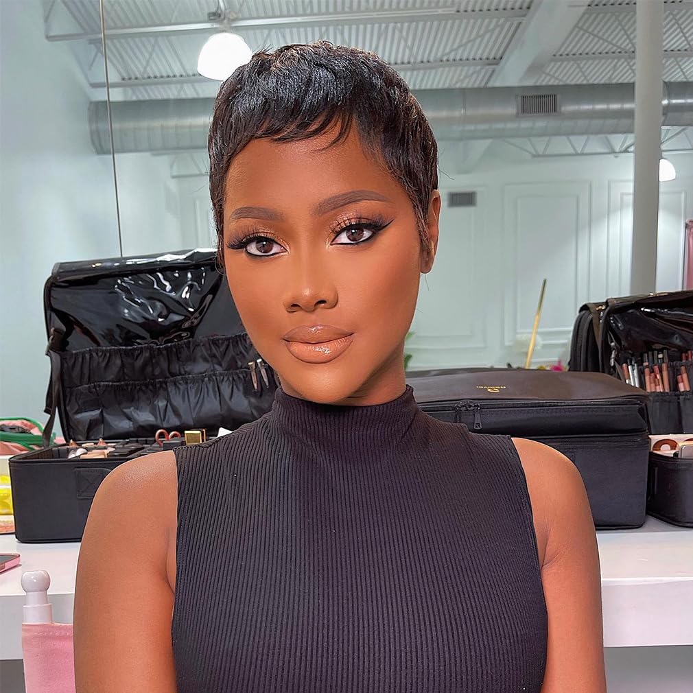 Kubiblue Short Glueless Wigs Human Hair Pixie Cut Short Straight Hair Wigs for Black Women None Lace Front Ready to Go Wig Short Pixie Cut Layered Wigs with Bangs for Daily Wear (Black)