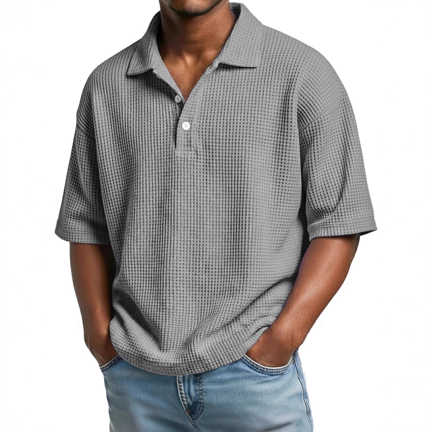Mens Minimalist Basic Waffle-knit Button-up Collar Top