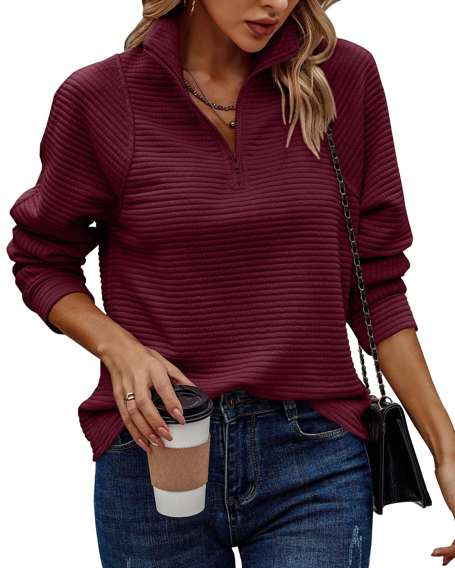 Zipper Stand Collar Pullover Sweatshirt Fashion Solid Striped Long Sleeve Top Spring And Autumn Women's Clothing null