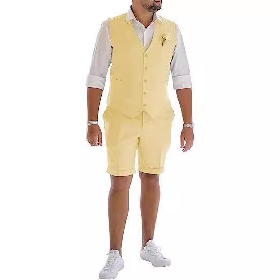 Men's Linen Suit 2 Piece Set Beach Wedding Shorts And Vest Suit