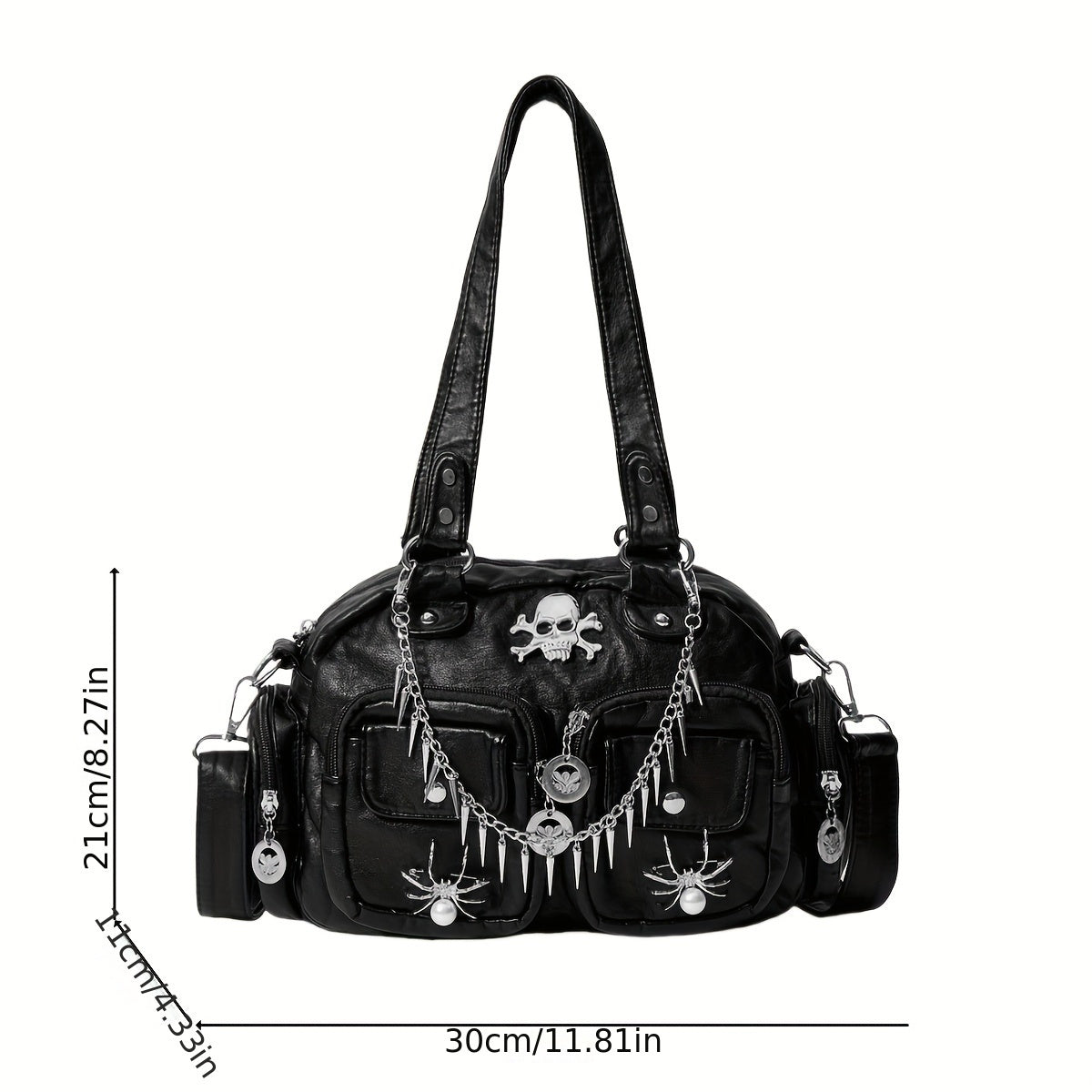 Vintage Gothic Style Tote Bag for Women, Halloween Skull and Spider Metal Chain, Punk Shoulder Tote with Fixed Straps, Zipper Closure, Water-Resistant PU, Polyester Lined - Black Dropshipman