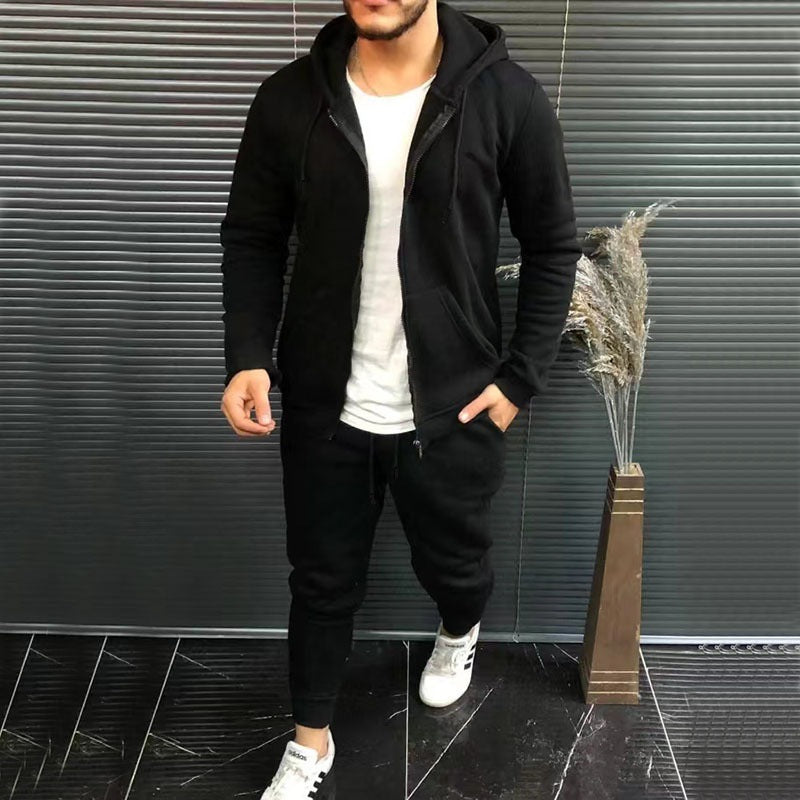 Mens Fashion Solid-Color Casual Hooded Cardigan Set