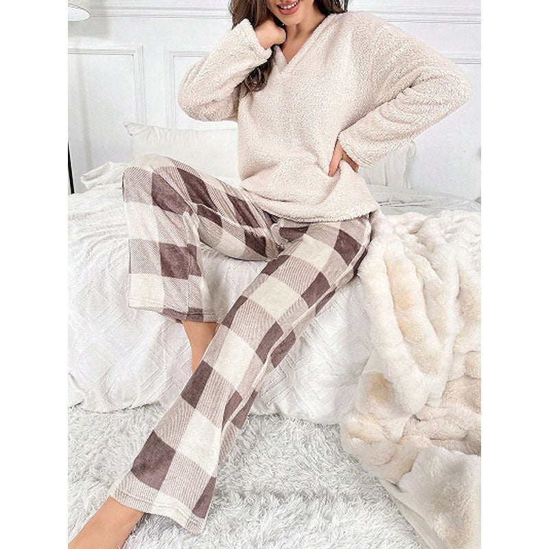 Thermal Flannel Home Wear Loose Plaid Trousers Two-piece Suit null