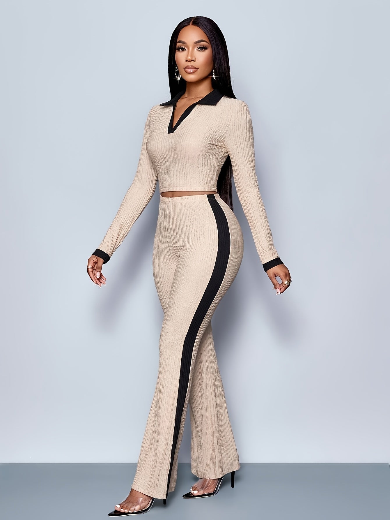 Elegant Two-Piece Set: Chic Long Sleeve Collar Top & Contrast Trim Flared Pants - Polyester, Non-Sheer, Perfect for Spring/Fall - Women's Fashion Dropshipman