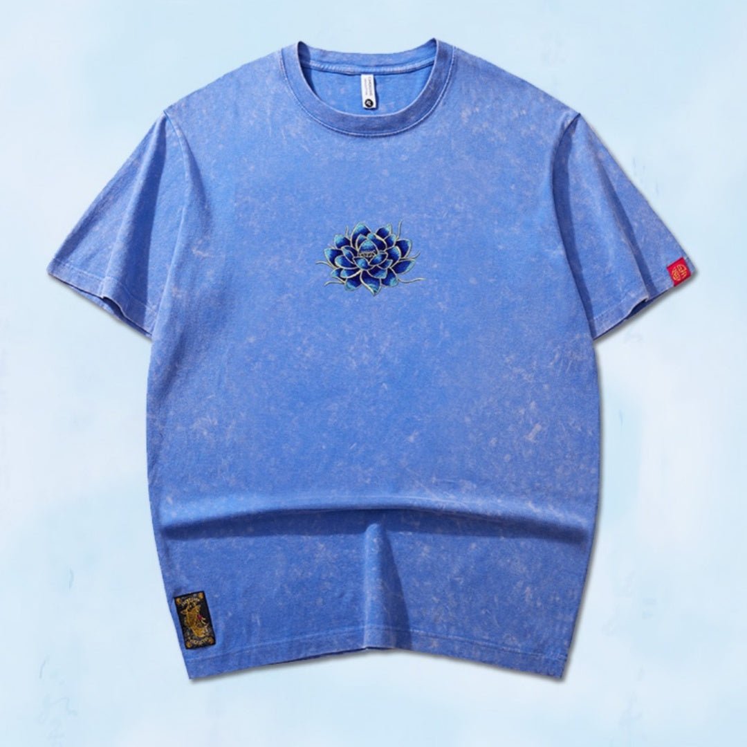 Embroidered Crew Neck Short Sleeve Loose Men's T-shirt Blue Embroidered Crew Neck Short Sleeve Loose Men's T-shirt - shop_name