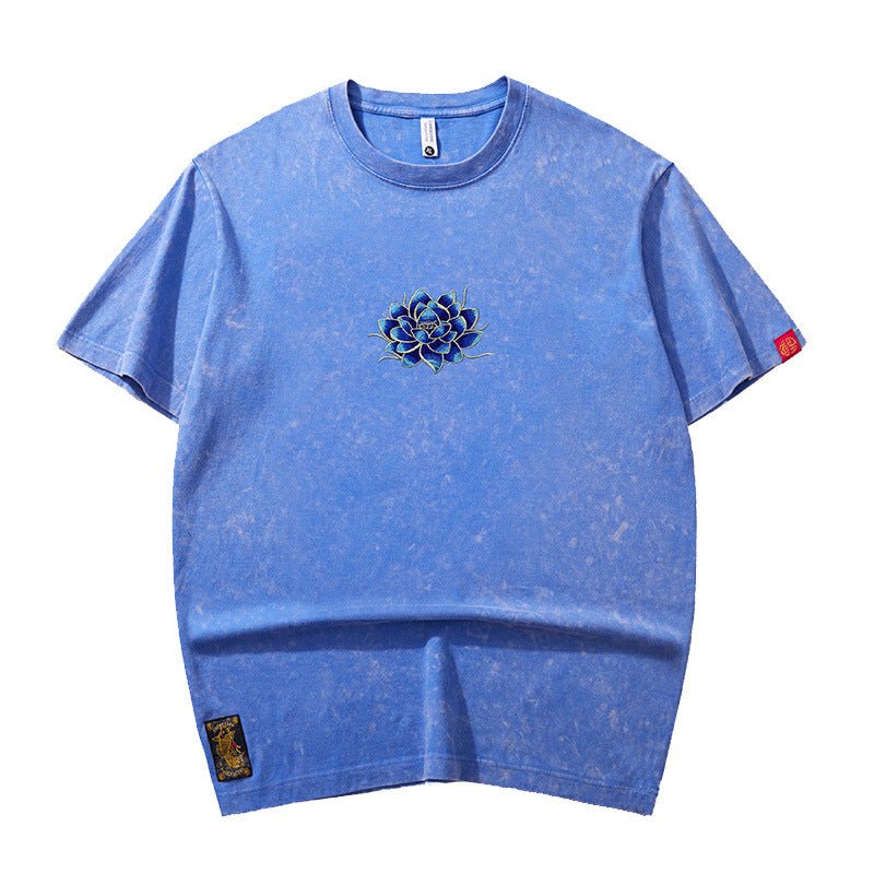 Embroidered Crew Neck Short Sleeve Loose Men's T-shirt Blue Embroidered Crew Neck Short Sleeve Loose Men's T-shirt - shop_name
