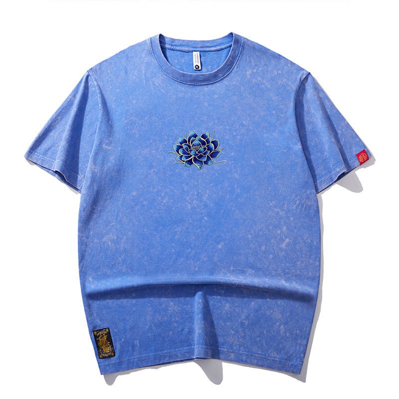 Embroidered Crew Neck Short Sleeve Loose Men's T-shirt Blue Embroidered Crew Neck Short Sleeve Loose Men's T-shirt - shop_name