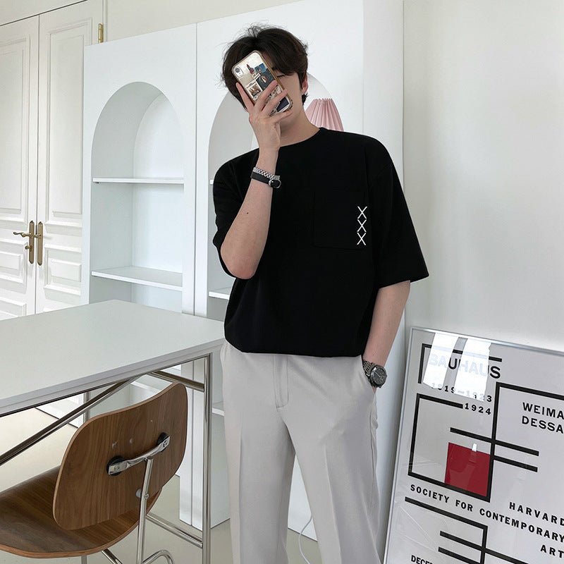 Embroidered Short - sleeved T-shirt Men's Summer Design Sense Niche Black Embroidered Short - sleeved T-shirt Men's Summer Design Sense Niche - shop_name