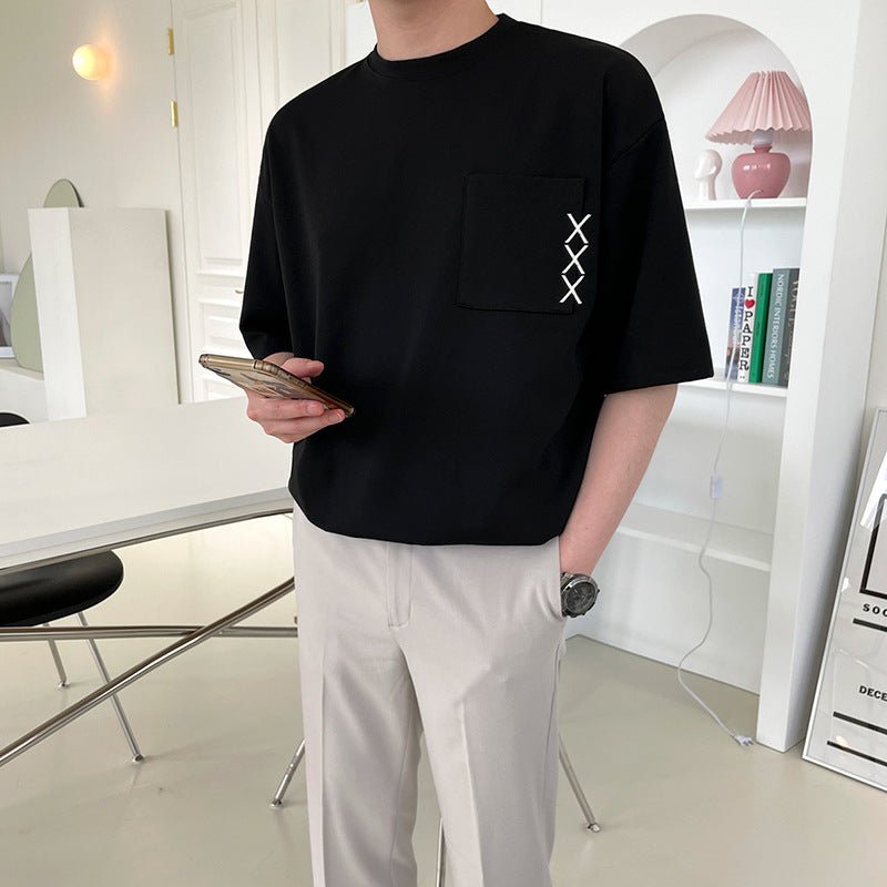 Embroidered Short - sleeved T-shirt Men's Summer Design Sense Niche Black Embroidered Short - sleeved T-shirt Men's Summer Design Sense Niche - shop_name