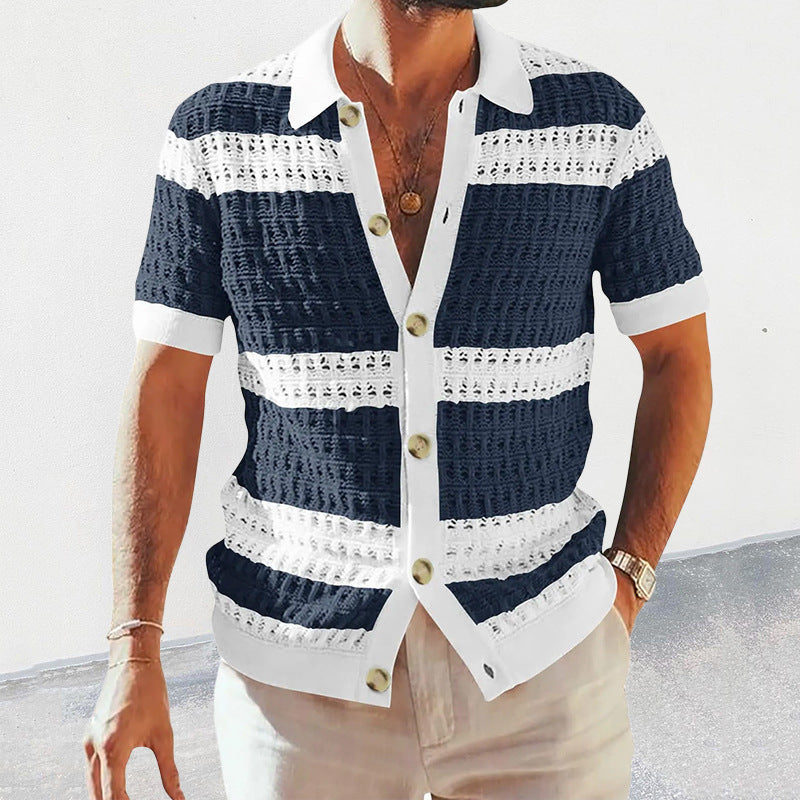 Summer Luxury Fashion New Knitted Shirt Men's Polo Neck Short Sleeve Colored Hollow Breathable Cardigan Men's Top Coat null