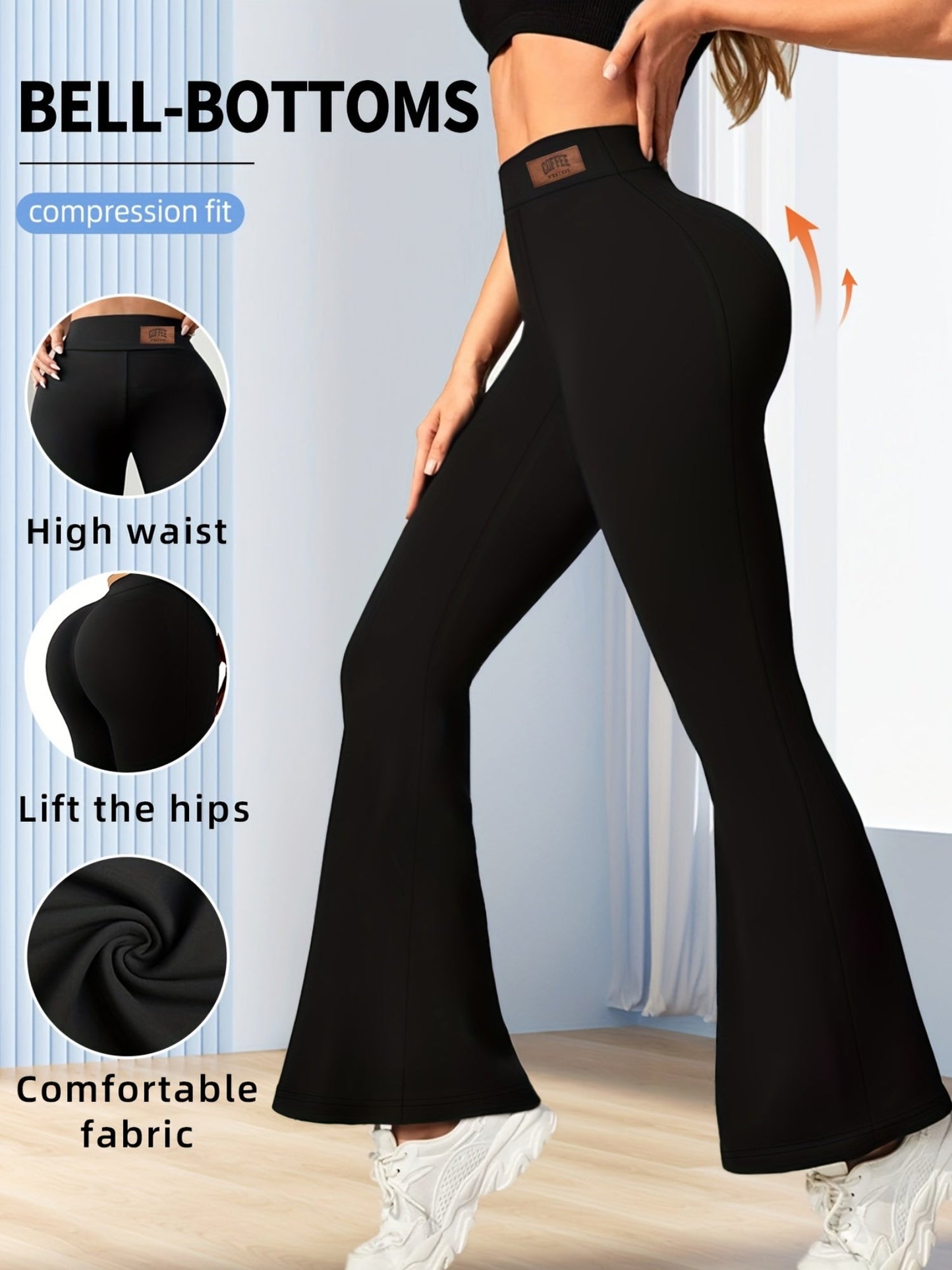 A Pair of High-Quality Women'S High-Waisted Fitted Long Pants, Featuring a Flared Design with an Elastic Waistband And Label, Designed to Lift The Buttocks And Slim The Waist, Made from Stretchy Material. Dropshipman