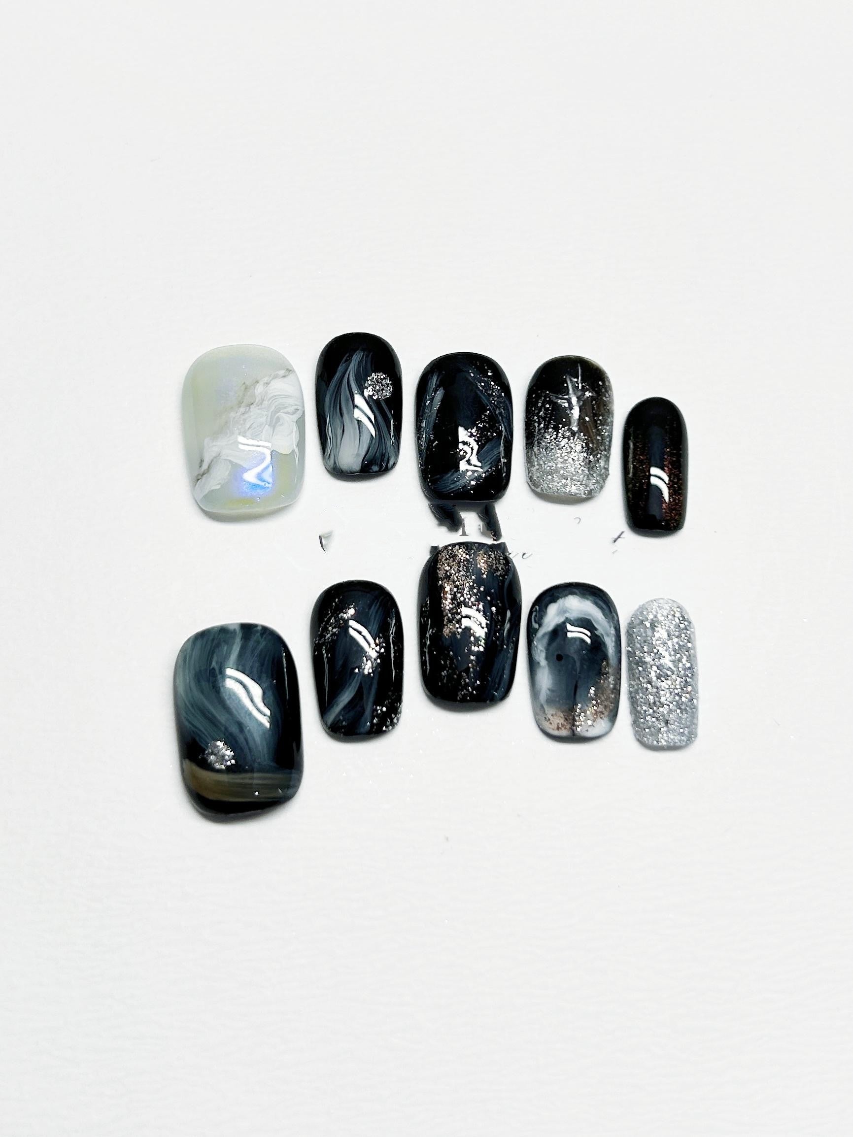 Black Starry Sky Manicure Handmade