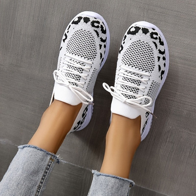 White Shoes Women Leopard Print Lace-up Sneakers Sports null